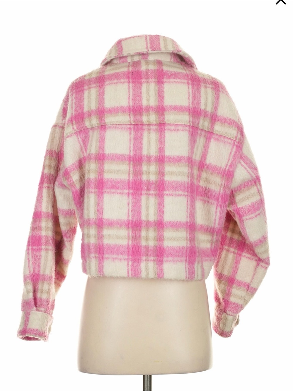 ZARA Pink and Cream Plaid Wool-Blend Shacket - Picture 4 of 5